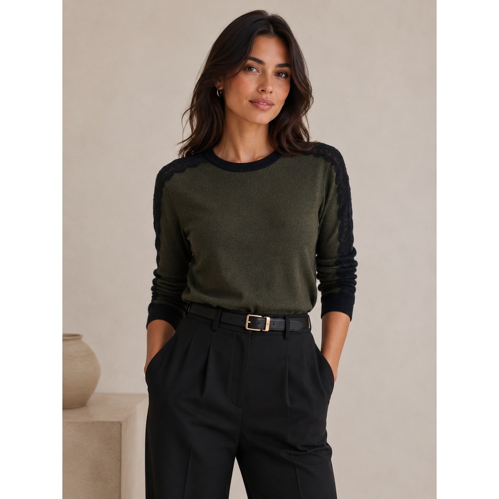 Neiman Marcus Cashmere Lace Trim Sweater Olive Green Black Crew Neck Medium